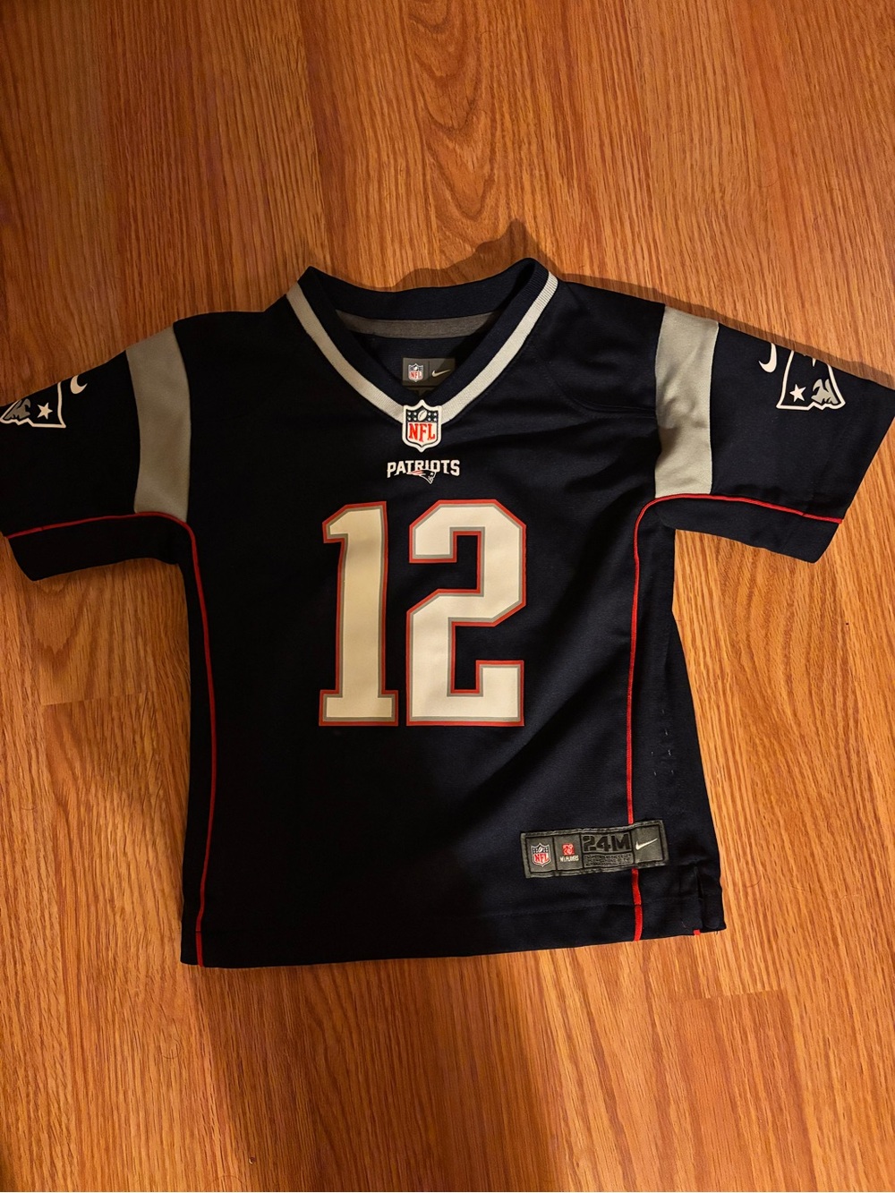 Nike Kids Navy Patriots #12 Football Jersey with Gray and Red Trim